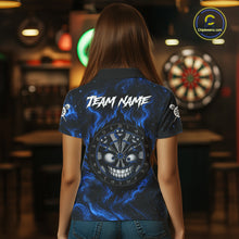 Load image into Gallery viewer, Woman wearing funny smile dartboard blue smoke dart shirt tournament apparel