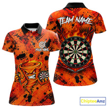 Load image into Gallery viewer, Women's fire flame tornado dart polo shirt mockup orange splatter dart jersey