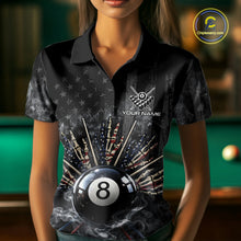 Load image into Gallery viewer, US Flag Grey Smoke Skull Bone 8 Ball Women Billiards Shirt Personalized Pool Balls Billiard Team Names NYN2688