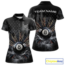 Load image into Gallery viewer, US Flag Grey Smoke Skull Bone 8 Ball Women Billiards Shirt Personalized Pool Balls Billiard Team Names NYN2688