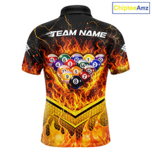 Load image into Gallery viewer, Yellow Flames Hexagon Pool Ball Set Billiards Shirt For Men Personalized Pool Balls 8 Billiard Attire NYN2690