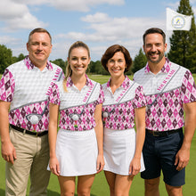 Load image into Gallery viewer, Mens Golf Polo Shirts Custom Pink Argyle And Flamingo Plaid Pattern Golf Attire For Men NYN2843
