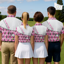 Load image into Gallery viewer, Mens Golf Polo Shirts Custom Pink Argyle And Flamingo Plaid Pattern Golf Attire For Men NYN2843