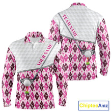 Load image into Gallery viewer, Mens Golf Polo Shirts Custom Pink Argyle And Flamingo Plaid Pattern Golf Attire For Men NYN2843