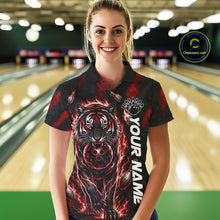 Load image into Gallery viewer, Female bowler wearing Fire Flame Tiger Red Claws bowling jersey during league and tournament competition