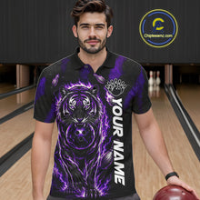 Load image into Gallery viewer, Male bowler wearing Fire Flame Tiger Purple Claws bowling shirt during tournament bowling competition