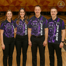 Load image into Gallery viewer, Men women bowling team wearing Fire Flame Tiger Purple Claws custom bowling uniforms for league and championship events