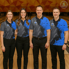 Load image into Gallery viewer, Men women bowling team wearing Black Grey Blue Grunge patriotic bowling uniforms, professional bowling team jerseys
