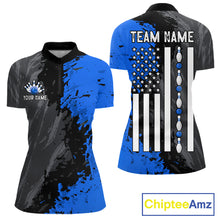 Load image into Gallery viewer, Black Grey Blue Grunge US Flag women's quarter zip bowling shirt custom patriotic bowling apparel