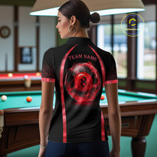 Load image into Gallery viewer, Female billiards player wearing Black Red Thunder Lightning 8 ball pool jersey during competitive tournament play