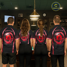 Load image into Gallery viewer, Men women billiard team wearing Black Red Thunder Lightning custom pool uniforms, professional billiards jerseys