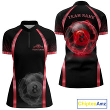 Load image into Gallery viewer, Black Red Thunder Lightning women's quarter zip billiard shirt custom 8 ball pool uniform, APA league jersey