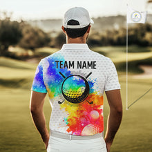Load image into Gallery viewer, Mens White Pattern Golf Polo Shirt Custom Name Colorful Watercolor Golf Clothes, Golf Gifts NYN2873