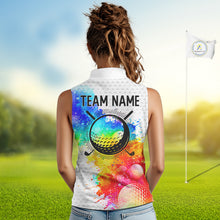 Load image into Gallery viewer, Women White Pattern Golf Sleeveless Polo Shirt Custom Name Colorful Watercolor Golf Clothes, Golf Gifts NYN2873