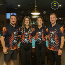 Load image into Gallery viewer, Men women billiard team wearing Fire Flame Skull 8 Ball custom red flame pool uniforms, personalized billiard jerseys