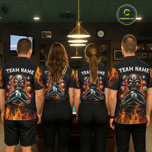 Load image into Gallery viewer, Men women billiard team wearing Fire Flame Skull 8 Ball custom red flame pool uniforms, personalized billiard jerseys