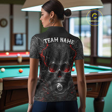 Load image into Gallery viewer, Female billiards player wearing Flaming Skull 8 Ball pool jersey during league and BCA tournament competition