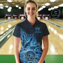 Load image into Gallery viewer, Female bowler wearing Blue Tribal Bowling Ball bowling jersey, custom bowling league apparel