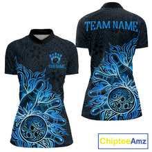 Load image into Gallery viewer, Blue Tribal Pattern Bowling Ball women's bowling quarter zip shirt, personalized tribal bowling uniform