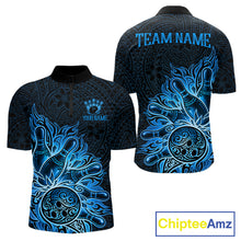 Load image into Gallery viewer, Blue Tribal Pattern Bowling Ball men's bowling quarter zip shirt, personalized tribal bowling uniform