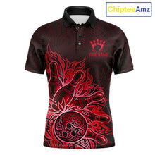 Load image into Gallery viewer, Red Tribal Pattern Bowling Ball men's bowling polo shirt, custom bowling team jersey, tribal bowling apparel