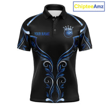 Load image into Gallery viewer, Black and Blue Tribal Crown Bowling Ball men's bowling polo shirt, custom bowling team jersey, league apparel