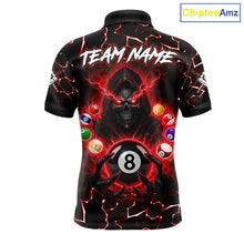 Load image into Gallery viewer, Lightning Red Grim Reaper men's bowling polo shirt, custom skull bowling team jersey, personalized league bowling uniform, tournament bowling apparel