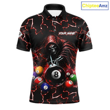 Load image into Gallery viewer, Lightning Red Grim Reaper men's bowling polo shirt, custom skull bowling team jersey, personalized league bowling uniform, tournament bowling apparel