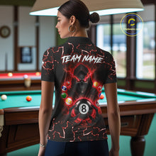 Load image into Gallery viewer, Female bowler wearing Lightning Red Grim Reaper bowling jersey, custom skull bowling shirt