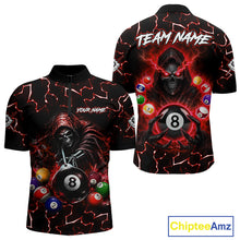 Load image into Gallery viewer, Lightning Red Grim Reaper men's bowling quarter zip shirt, skull bowling jersey, custom bowling team apparel, professional bowling uniform