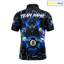 Load image into Gallery viewer, Lightning Blue Grim Reaper men's bowling polo shirt, custom skull bowling team jersey, personalized bowling league apparel