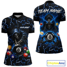 Load image into Gallery viewer, Lightning Blue Grim Reaper women's bowling quarter zip shirt, custom bowling team jersey, tournament bowling uniform