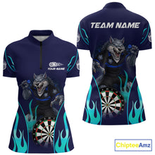 Load image into Gallery viewer, Personalized Funny Wolf Blue Flaming Darts Women Polo &amp; 1/4-Zip Dart Shirt Wolf Dart Team Jerseys NYN2900