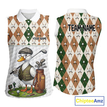 Load image into Gallery viewer, Funny Cool Duck Golf Sleeveless Polo Shirts For Women Green &amp; Brown Argyle Custom White Ball Golf Apparel NYN3122