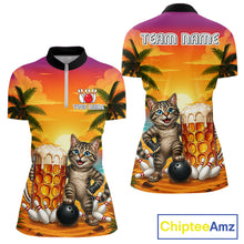 Load image into Gallery viewer, Beer And Cat Funny Women Bowling Quarter-Zip Shirt Custom Summer Tropical Youth Bowling Shirts 