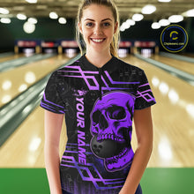Load image into Gallery viewer, Black And Purple Skull Holding Bowling Ball Shirt For Women Custom Bowling Team Attire NYN3281