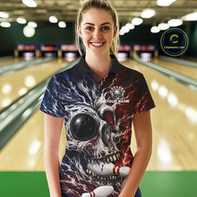 Load image into Gallery viewer, Red And Blue Grunge Skull Women Bowling Polo Quarter-Zip Shirt Custom Youth Bowling Team Outfits NYN3285