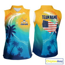 Load image into Gallery viewer, Summer palm trees women's golf polo shirt, personalized US flag golf apparel, tropical golf shirt, golf vacation clothing