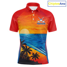 Load image into Gallery viewer, Palm trees and ocean men's golf polo shirt, patriotic golf apparel, beach golf shirt, custom golf team clothing