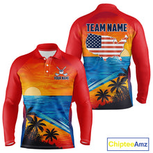 Load image into Gallery viewer, Palm trees and ocean men's golf long sleeves polo shirt, patriotic golf apparel, beach golf shirt, custom golf team clothing