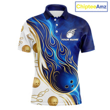 Load image into Gallery viewer, Custom Gold And Blue Flames Bowling Team Jerseys, Bowling League Polo &amp; 1/4-Zip Shirt For Men NYN2917