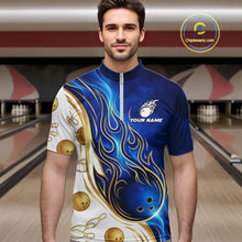 Load image into Gallery viewer, Custom Gold And Blue Flames Bowling Team Jerseys, Bowling League Polo &amp; 1/4-Zip Shirt For Men NYN2917