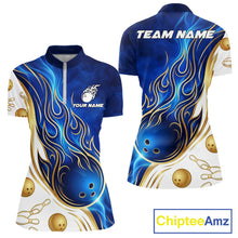 Load image into Gallery viewer, Custom Gold And Blue Flames Bowling Team Jerseys, Bowling League Polo &amp; 1/4-Zip Shirt For Women NYN2917