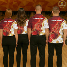 Load image into Gallery viewer, Custom Gold And Red Flames Bowling Team Jerseys, Bowling League Polo &amp; 1/4-Zip Shirt For Women NYN2918