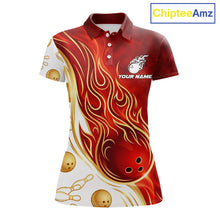 Load image into Gallery viewer, Custom Gold And Red Flames Bowling Team Jerseys, Bowling League Polo &amp; 1/4-Zip Shirt For Women NYN2918