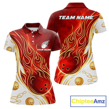 Load image into Gallery viewer, Custom Gold And Red Flames Bowling Team Jerseys, Bowling League Polo &amp; 1/4-Zip Shirt For Women NYN2918