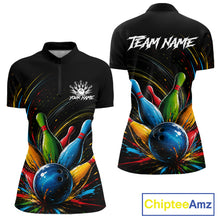 Load image into Gallery viewer, Splatter colorful bowling ball and pins women's bowling quarter-zip shirt, custom bowling team uniform, splash bowling jersey, personalized bowling league apparel, tournament bowling clothing