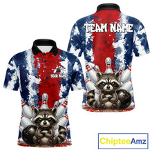 Load image into Gallery viewer, Funny raccoon bowling ball and pins men's bowling polo shirt, red and blue bowling jersey, custom bowling team shirt, personalized bowling apparel, bowling league uniform