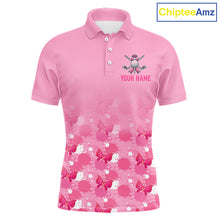 Load image into Gallery viewer, Pink polo shirt with Breast Cancer Awareness design and customizable text on a white background