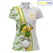 Load image into Gallery viewer, Golf-themed polo shirt with duck cartoon character and golf ball patterns